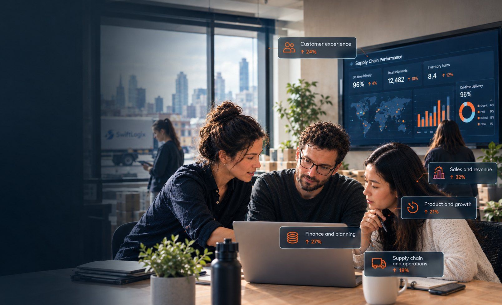 A team reviewing business performance data together